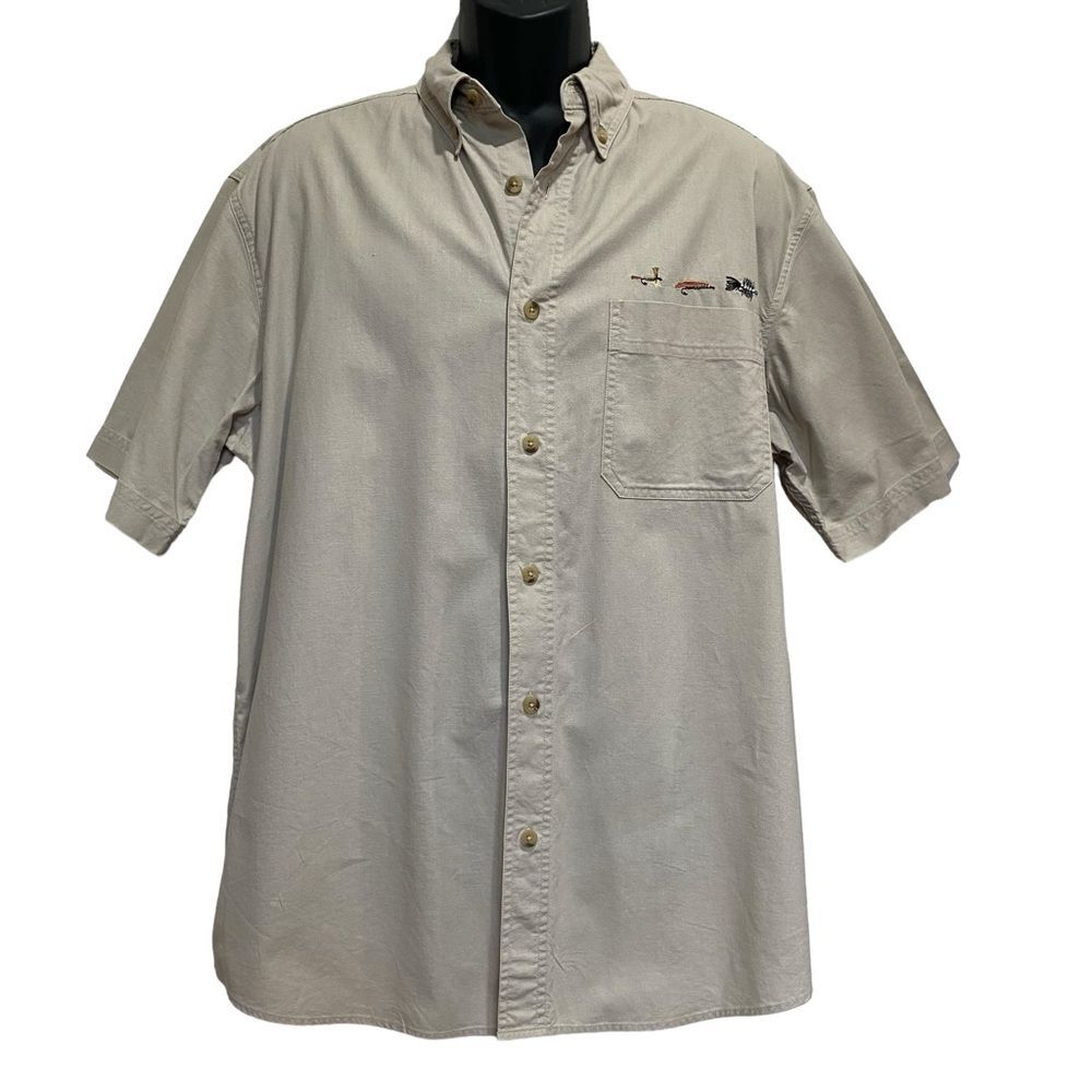 Woolrich Fishing Shirt 100% Cotton Button Down Short Sleeve Lures Tan Sz L